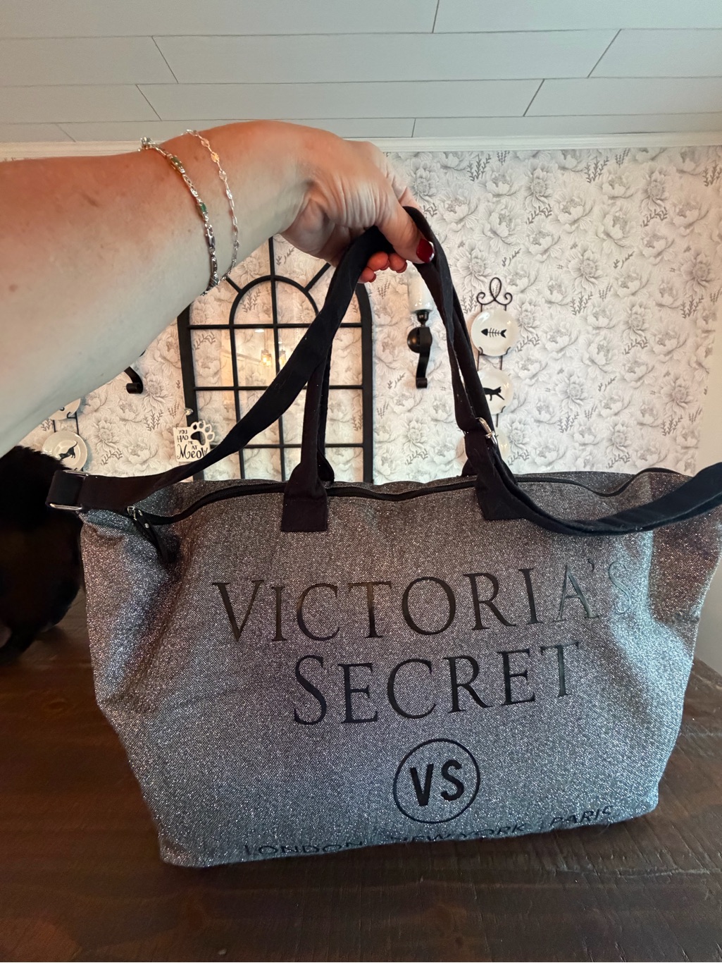 Victoria's Secret Silver Sparkle Weekender Tote With Black Handles Euc
